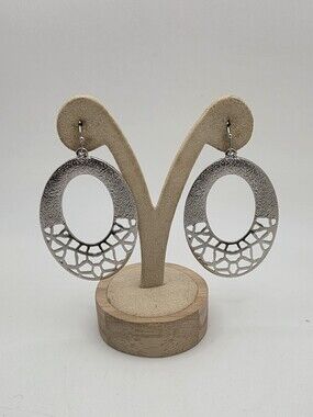 Silver Tone Openwork Geometric Cutout Oval Drop Dangle Earrings Textured